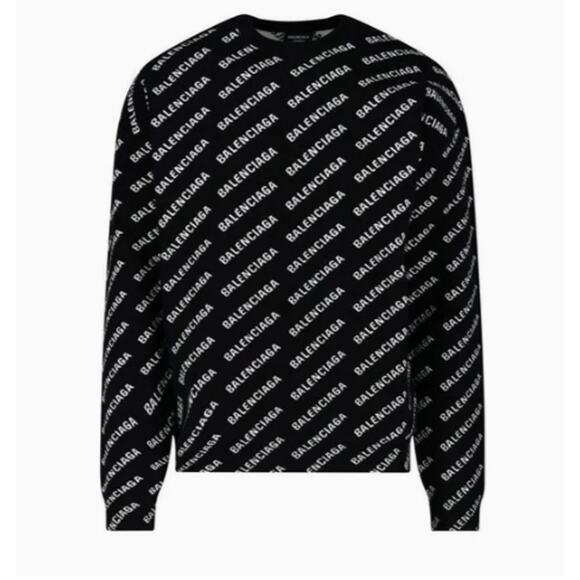 Balenciaga All Over Logo Long Sleeve Crewneck Sweater Black/White Womens Size XS - Picture 1 of 6